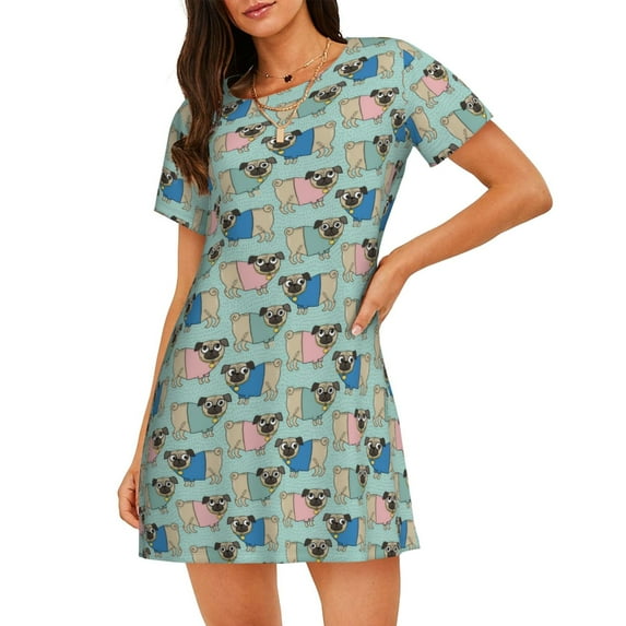 Pofeuu Colorful Pugs Print Women's Loose Fit Short Sleeve Nightgown, Comfortable Sleep Dress for Women, Casual Lounge Sleepwear, Soft Cotton Sleep Dress