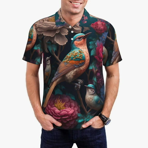 Pofeuu Colorful Rose Bird Print Men's Loose Fit Midweight Short-Sleeve Pocket Polo-XX-Large