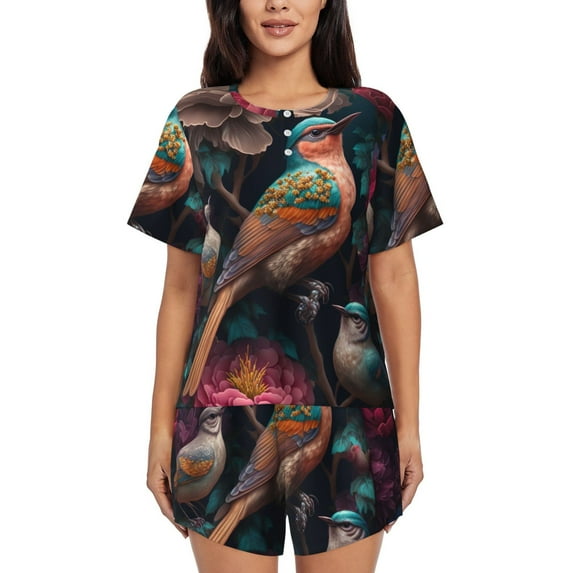 Pofeuu Colorful Rose Bird Print Women's Pajama Set Short/Shorts Soft Button PJs Elastic Drawstring Waist Sleepwear-3X-Large