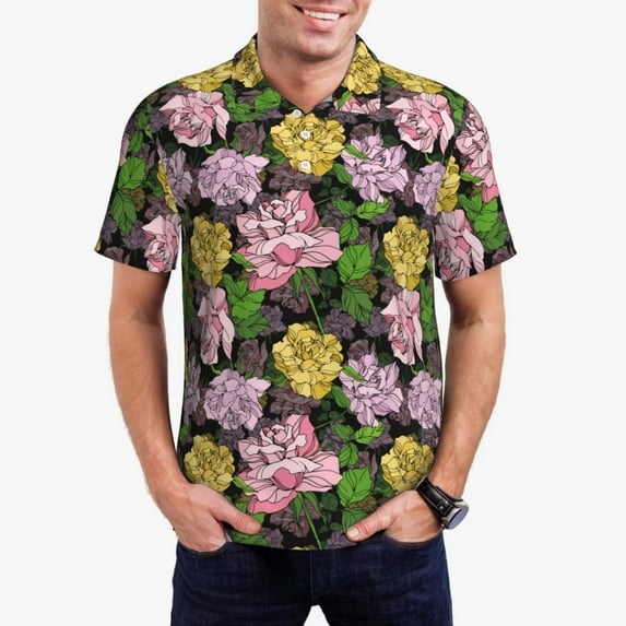 Pofeuu Colorful Roses Print Men's Loose Fit Midweight Short-Sleeve Pocket Polo-X-Large