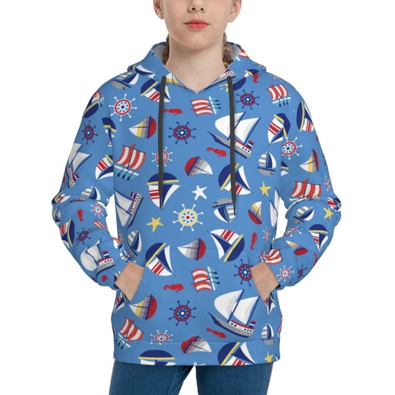 Pofeuu Colorful Sailing Ship Print Kids Pullover Hoodies Warm Thick Hooded Sweatshirt with Packet for Boys Girls-Large