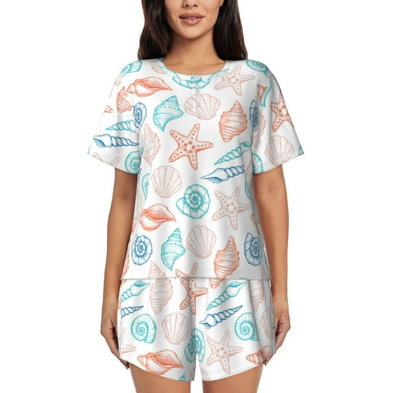Pofeuu Colorful Seashells1 Print Women's Pajama Set Short/Shorts Soft Button PJs Elastic Drawstring Waist Sleepwear-4X-Large