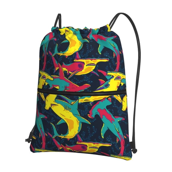 Pofeuu Colorful Sharks Print Drawstring Backpack Water Resistant String Bag Sports Sackpack Gym Sack with Side Pocket for Men Women