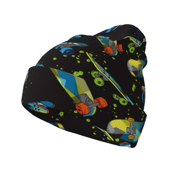 Pofeuu Colorful Skateboard Print Beanie Hat for Men Women Knit Winter Hat Warm Cuffed Skull Beanie Slouchy Soft Unisex