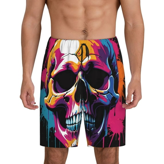 Pofeuu Colorful Skull Print Men's Soft Woven Elastic Waistband Sleep Pajama Short-3X-Large