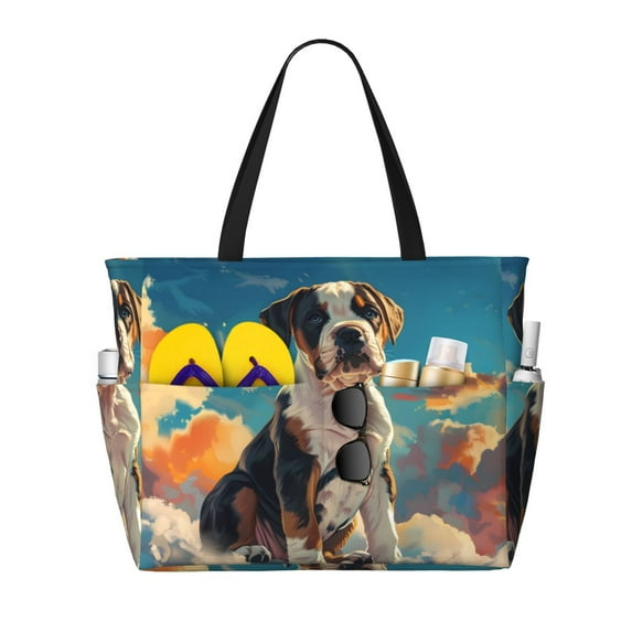 Pofeuu Colorful Sky Puppy Print Beach Bag,Waterproof Sandproof Beach Tote Bag, Large Capacity Foldable Beach Bags for Women