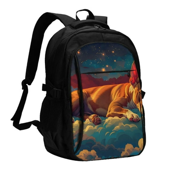 Pofeuu Colorful Starry Sky Sleep Dog Print Storage Laptop Backpack with USB Charging Port[Water Resistant] College Computer Bookbag Fits