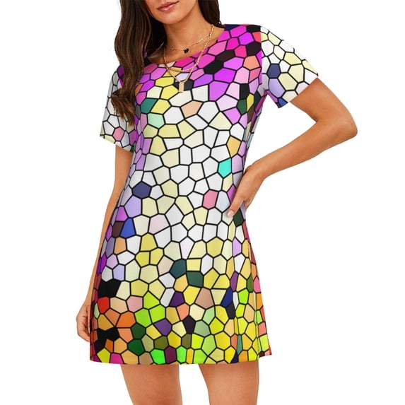 Pofeuu Colorful Tie Dye Stained Glass 3 Print Women's Loose Fit Short Sleeve Nightgown, Comfortable Sleep Dress for Women, Casual Lounge Sleepwear, Soft Cotton Sleep Dress