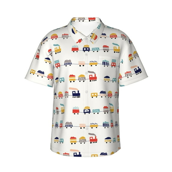 Pofeuu Colorful Trains Print Hawaiian Shirt for Men Sleeves Casual Button Down Summer Beach Dress Shirts T-Shirts,X-Large