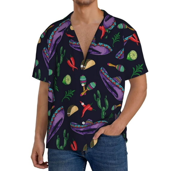 Pofeuu Colorful Vintage Cactuses Print Mens Casual Short Sleeve Shirts Beach Summer Spread Collar Pocket Tops Men's Casual Short-sleeved Shirt-XX-Large