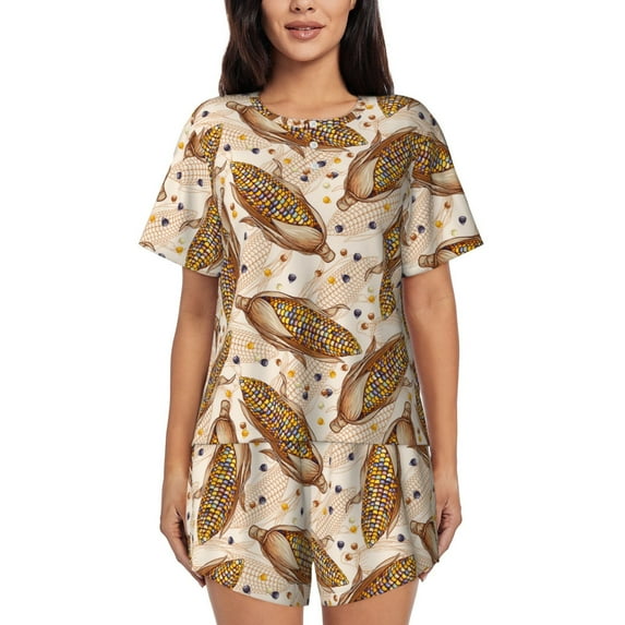 Pofeuu Colorful Vintage Corn Print Women's Pajama Set Short/Shorts Soft Button PJs Elastic Drawstring Waist Sleepwear-Medium