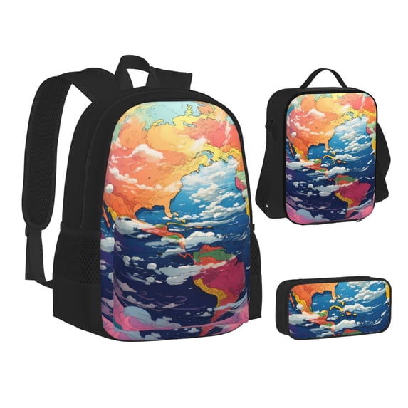 Pofeuu Colorful Whimsical Earth Print Backpack Travel Backpacks With Lunch Bag Pencil Bag Set 3 pcs Set Cartoon Backpack