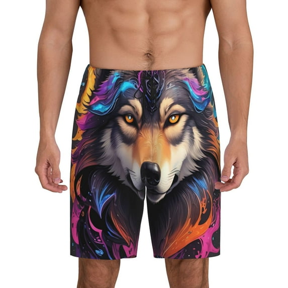 Pofeuu Colorful Wolf Head Print Men's Soft Woven Elastic Waistband Sleep Pajama Short-3X-Large