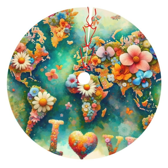 Pofeuu Colorful World Map Print Christmas Tree Skirt, Merry Christmas Skirt Xmas Tree Ornaments for Xmas Holiday Party Decorations-48"