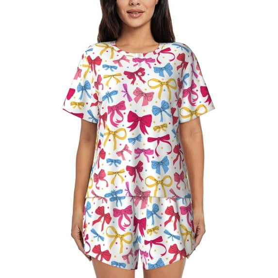 Pofeuu Colorful bows Print Women's Pajama Set Short/Shorts Soft Button PJs Elastic Drawstring Waist Sleepwear-X-Large
