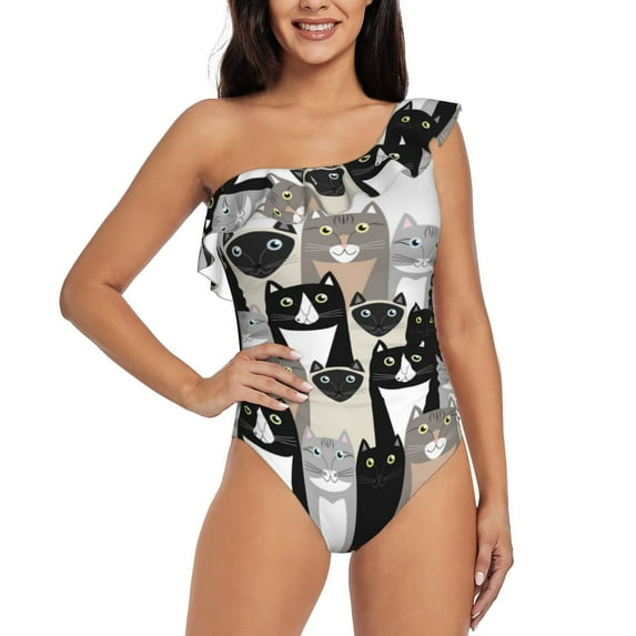 Pofeuu Colors Cats Print Women's One Piece Swimsuits One Shoulder Swimwear Asymmetric Ruffle Monokinis Bathing Suits-Large