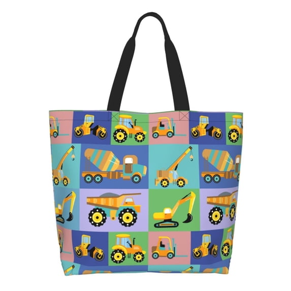 Pofeuu Construction Machinery Print Reusable Grocery Bags - Washable, Foldable, Packable Tote, Large Handles, Heavy Duty, Zippered Top Pouch