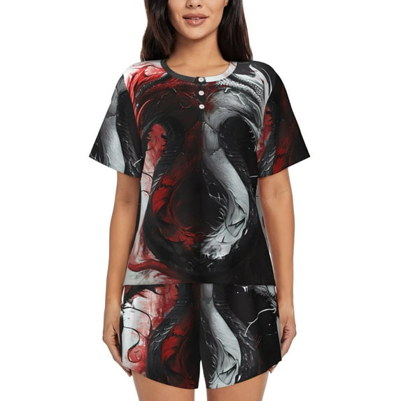 Pofeuu Cool Black And White Dragon Print Women's Pajama Set Short/Shorts Soft Button PJs Elastic Drawstring Waist Sleepwear-XX-Large