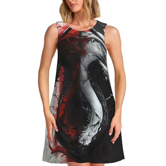 Pofeuu Cool Black And White Dragon Print Women's Sleeveless Dress, Loose Fit Summer Dress, Casual Tank Dress for Women