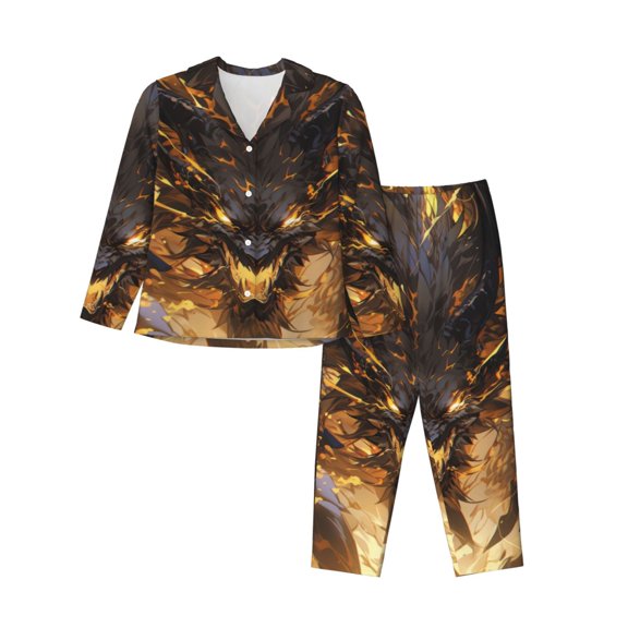 Pofeuu Cool Black Gold Dragon Print Womens Pajamas Set Long Sleeve Sleepwear Button Down Nightwear Soft Pj Lounge Sets Button Down Pajamas Women-Large