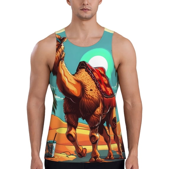 Pofeuu Cool Camel Oasis Vibes Print Men's Workout Tank Tops Sleeveless Muscle Gym Shirt Quick Dry-4X-Large
