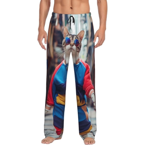Pofeuu Cool Cat In Sunglasses Print Men's Pajama Pants, Soft Lounge Pajama Pants with big pockets for Men Plaid Pj Bottoms-XX-Large