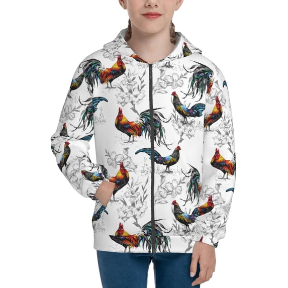 Pofeuu Cool Chicken Print Teenage Zipper Hoodie Sweatshirts Hooded Casual Jackets With Pocket For Boys Girls-