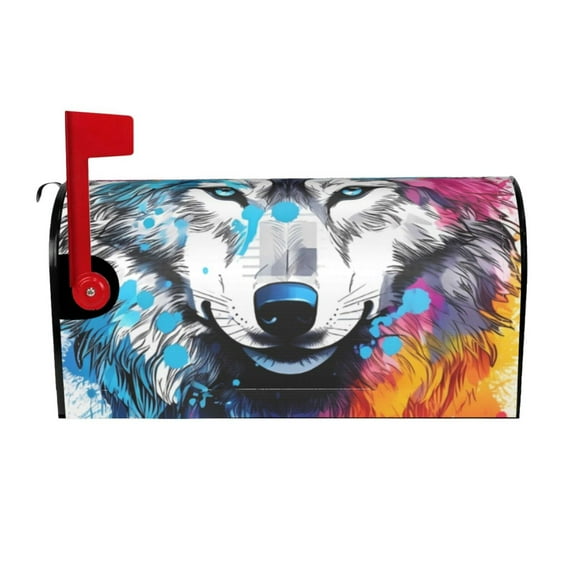 Pofeuu Cool Colorful Wolf Print Mailbox Covers Letterbox Cover Mailbox Wrap for Home Garden Yard Outdoor Decor -25.5x21 in