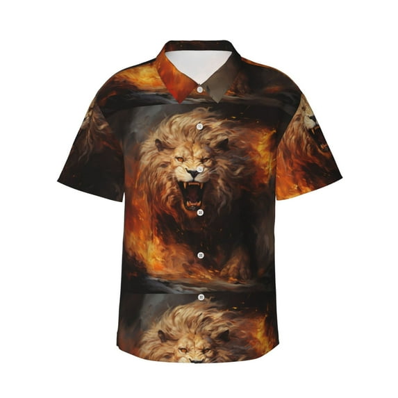 Pofeuu Cool Fire Lion Print Hawaiian Shirt for Men Sleeves Casual Button Down Summer Beach Dress Shirts T-Shirts,Medium