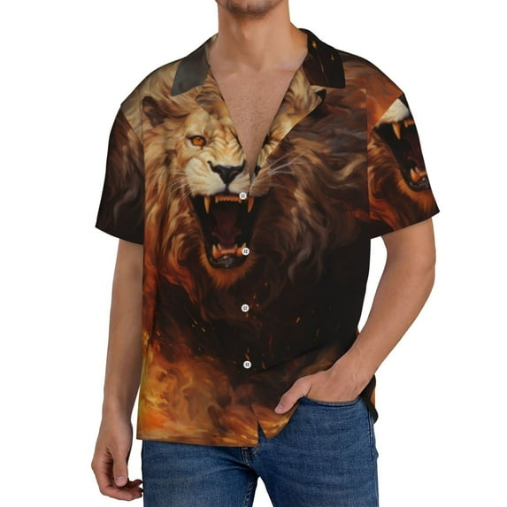 Pofeuu Cool Fire Lion Print Mens Casual Short Sleeve Shirts Beach Summer Spread Collar Pocket Tops Men's Casual Short-sleeved Shirt-XX-Large