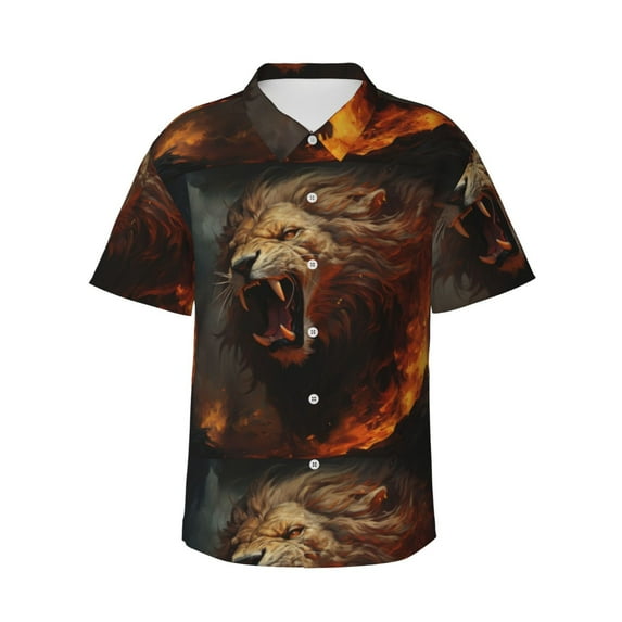 Pofeuu Cool Flame Lion A Print Hawaiian Shirt for Men Sleeves Casual Button Down Summer Beach Dress Shirts T-Shirts,XX-Large