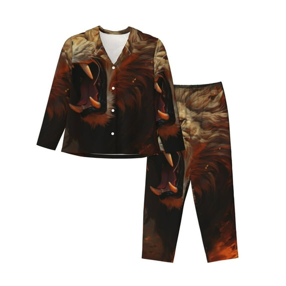 Pofeuu Cool Flame Lion A Print Womens Pajamas Set Long Sleeve Sleepwear Button Down Nightwear Soft Pj Lounge Sets Button Down Pajamas Women-Small