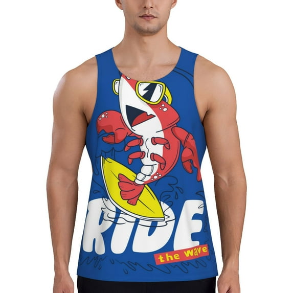 Pofeuu Cool Lobster Surfing Print Men's Workout Tank Tops Sleeveless Muscle Gym Shirt Quick Dry-3X-Large