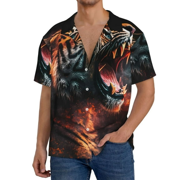 Pofeuu Cool Tiger Print Mens Casual Short Sleeve Shirts Beach Summer Spread Collar Pocket Tops Men's Casual Short-sleeved Shirt-