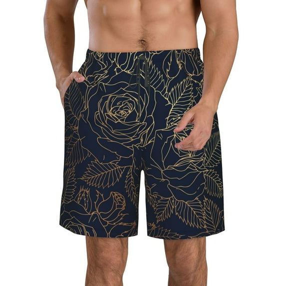Pofeuu Copper-Gold Gloss Outline Rose Prin Men's Swim Trunks Quick Dry Bathing Suit Swimming Board Shorts Mesh Lining Beach Swimwear-3X-Large