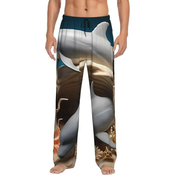 Pofeuu Coral Fish Dolphin Print Men's Pajama Pants, Soft Lounge Pajama Pants with big pockets for Men Plaid Pj Bottoms-Medium