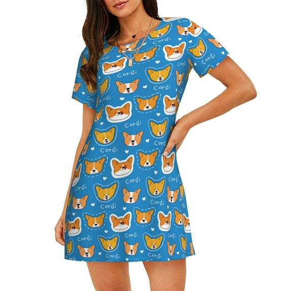 Pofeuu Corgi Dog Face Print Women's Loose Fit Short Sleeve Nightgown, Comfortable Sleep Dress for Women, Casual Lounge Sleepwear, Soft Cotton Sleep Dress
