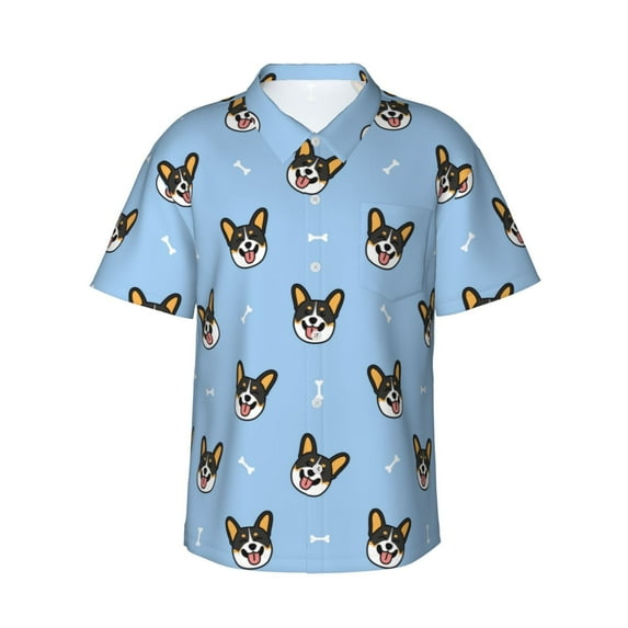 Pofeuu Corgi Dog Print Hawaiian Shirt for Men Sleeves Casual Button Down Summer Beach Dress Shirts T-Shirts,XX-Large