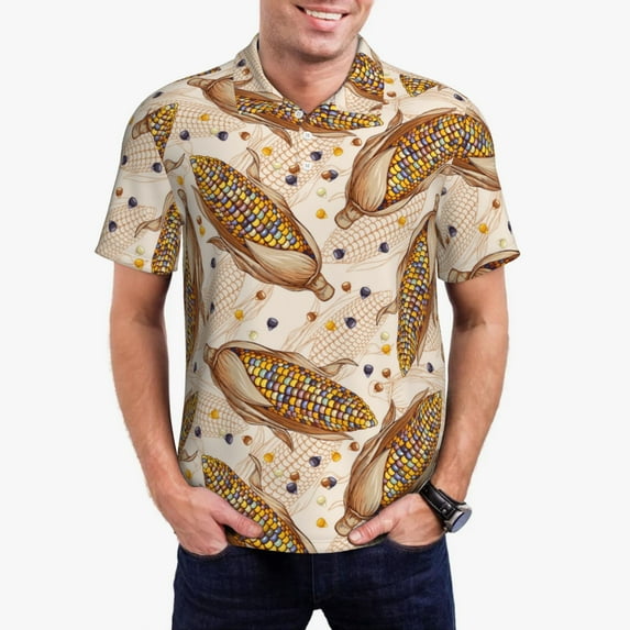 Pofeuu Corn 5 Print Men's Loose Fit Midweight Short-Sleeve Pocket Polo-Medium