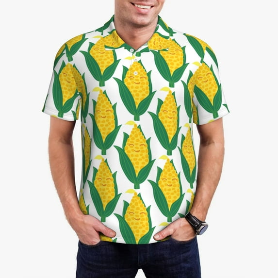 Pofeuu Corn Cob Print Men's Loose Fit Midweight Short-Sleeve Pocket Polo-Small
