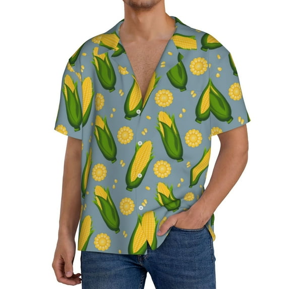 Pofeuu Corn On The Leaves Print Mens Casual Short Sleeve Shirts Beach Summer Spread Collar Pocket Tops Men's Casual Short-sleeved Shirt-