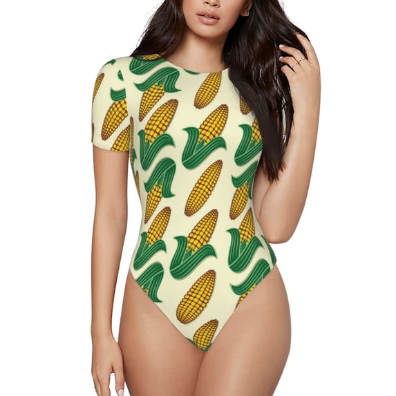 Pofeuu Corn Print Short Sleeve Body Suits Women Round Neck Bodysuits for Women Onesie Adult Set Body Suit-