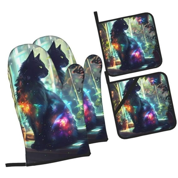 Pofeuu Cosmic Cat In Window Print Oven Mitts and Pot Holders 4 pcs Set,High Heat Resistant 500 Degree Extra Thicken Long Kitchen Cotton Oven Glove for Cooking