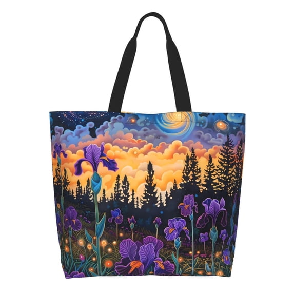 Pofeuu Cosmic Irises At Twilight Print Reusable Grocery Bags - Washable, Foldable, Packable Tote, Large Handles, Heavy Duty, Zippered Top Pouch