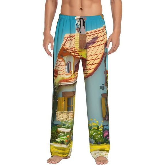 Pofeuu Cozy Cartoon Backyard Print Men's Pajama Pants, Soft Lounge Pajama Pants with big pockets for Men Plaid Pj Bottoms-XX-Large