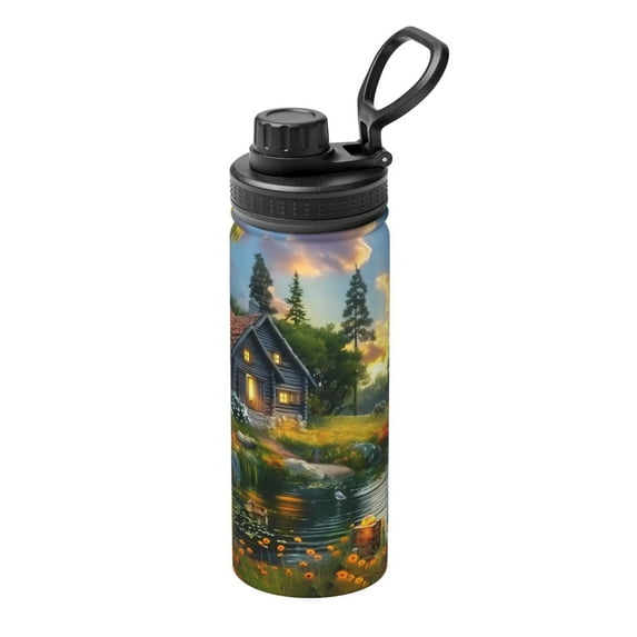 Pofeuu Cozy Cottage Lakeside Sunset Print 18oz Sports Insulated Kettle Stainless Steel Vacuum Water Bottle Leakproof Sport Flask