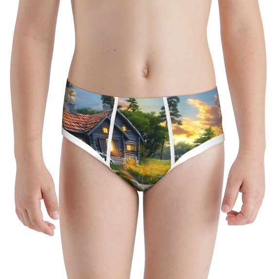 Pofeuu Cozy Cottage Lakeside Sunset Print Boy's Briefs Toddler Boys' Underwear, Organic Cotton, Comfort Briefs-Medium