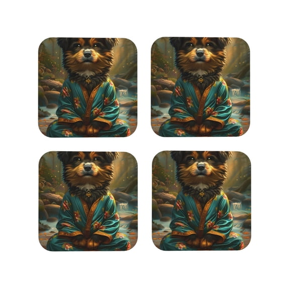 Pofeuu Creekside Meditating Puppy Print Coasters for Drinks, 4Pack PU Leather Coasters, Bar Drink Coasters for Tabletop Protection, Furniture from Damage-Square