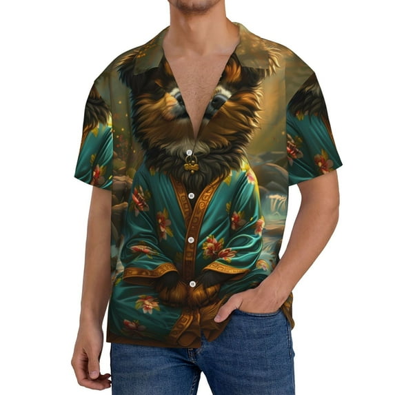 Pofeuu Creekside Meditating Puppy Print Mens Casual Short Sleeve Shirts Beach Summer Spread Collar Pocket Tops Men's Casual Short-sleeved Shirt-XX-Large