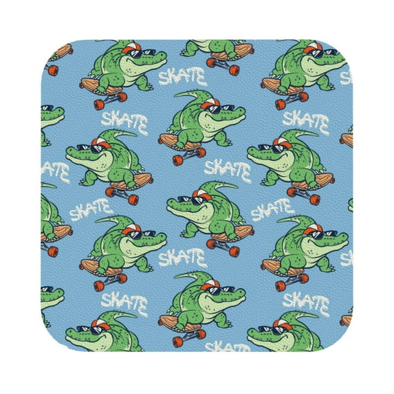 Pofeuu Crocodile Riding Skateboard Print Leather Coasters Set of 6, Round Cups Mugs Mat Pad for Home Kitchen Heat Resistant Drink Coasters,Square
